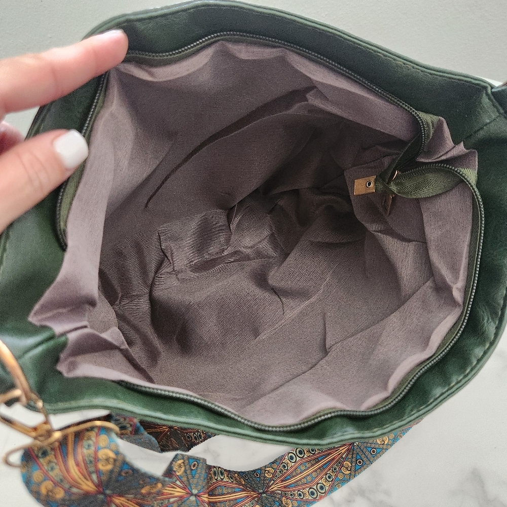 Unisex Army Green Tote Bag with Patterned Boho Strap - Picture 12 of 16